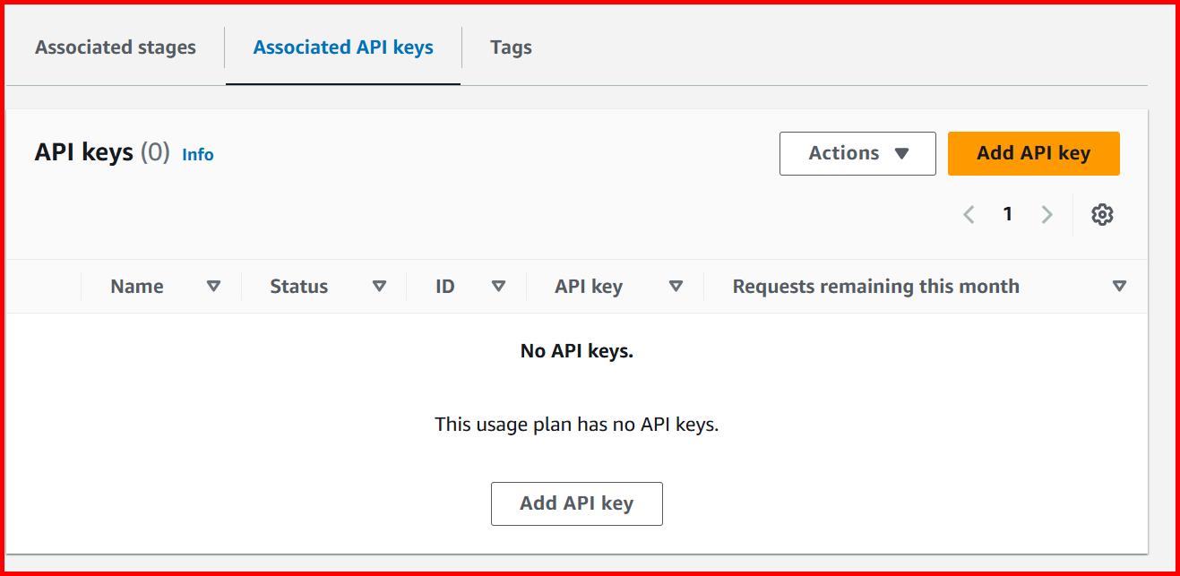 Picture showing the Associate API Key tab for associating key and usage plan